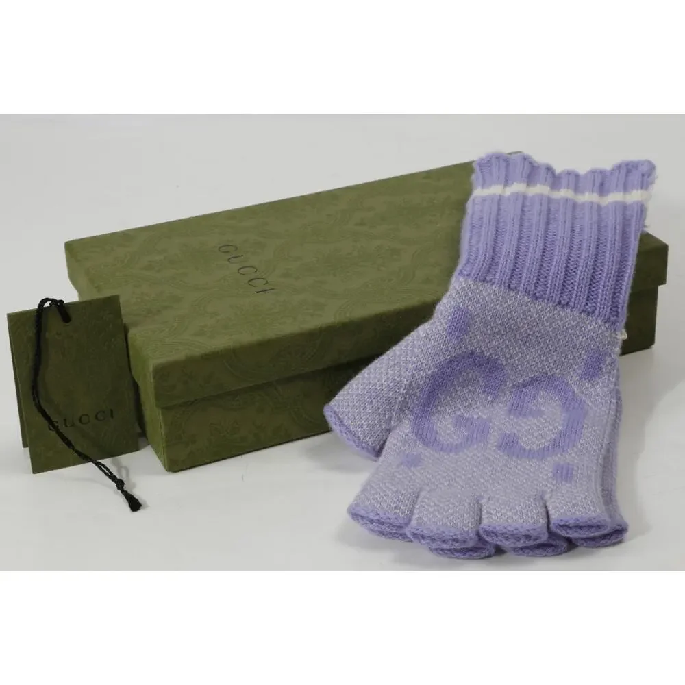 Gucci GG Knit Cashmere Fingerless Gloves Lilac Lavender Purple Size M 210/100